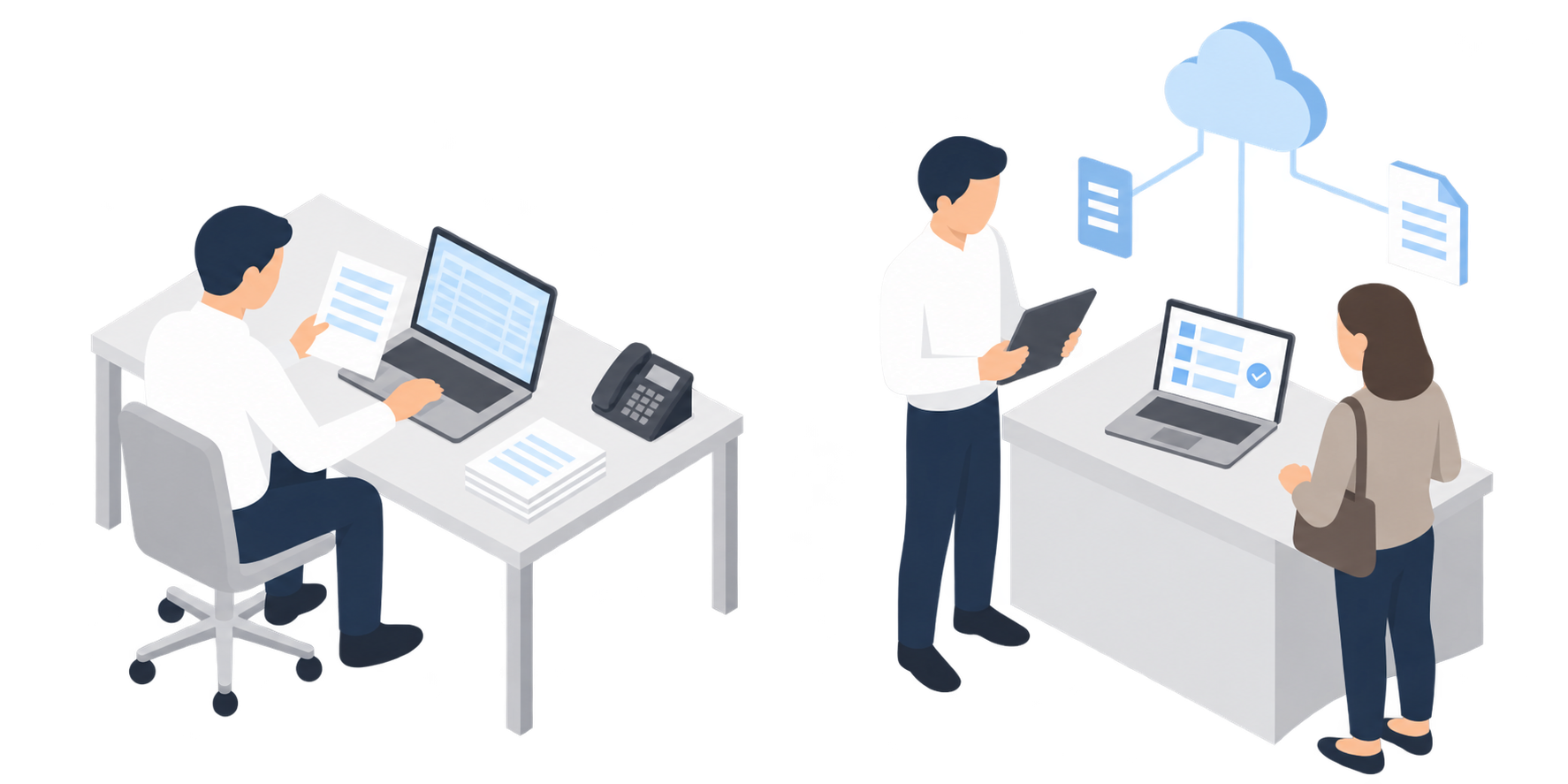 紙とPCで手作業を進める現場と、情報がクラウドでつながり接客に集中できる現場を対比した図